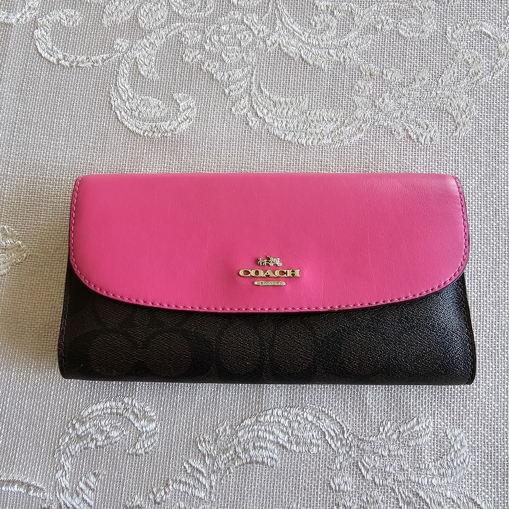 Coach Hot Pink and Brown Trifold Wallet